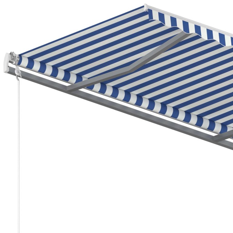 Copertină retractabilă manual, cu stâlpi, albastru/alb, 4x3 m