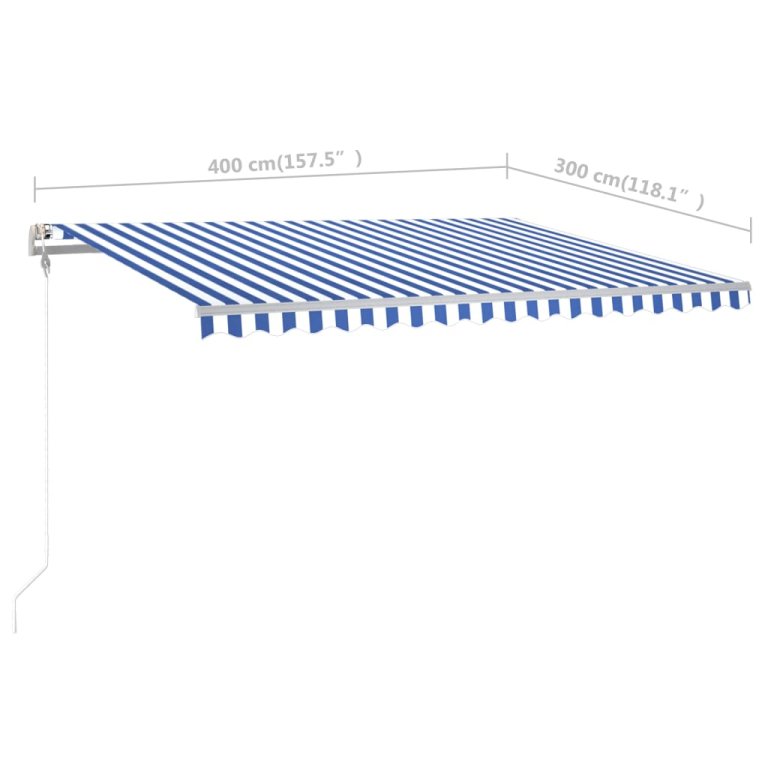 Copertină retractabilă manual, cu stâlpi, albastru/alb, 4x3 m