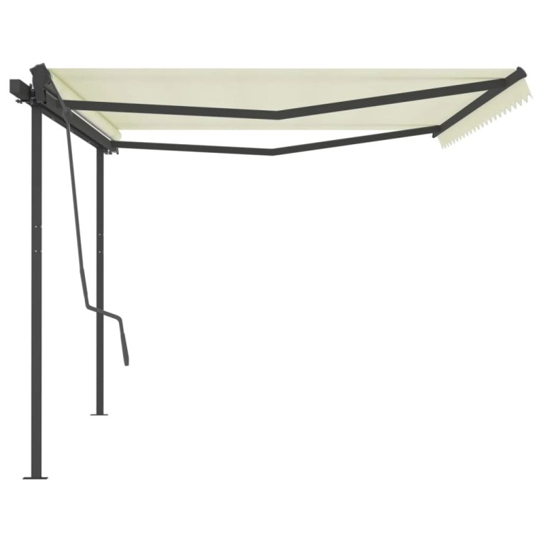 Copertină retractabilă manual, cu stâlpi, crem, 5x3 m