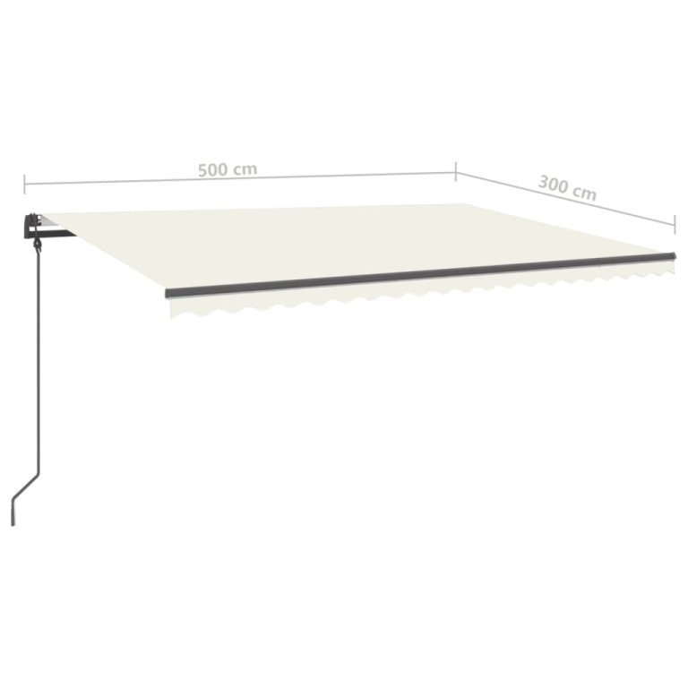 Copertină retractabilă manual, cu stâlpi, crem, 5x3 m