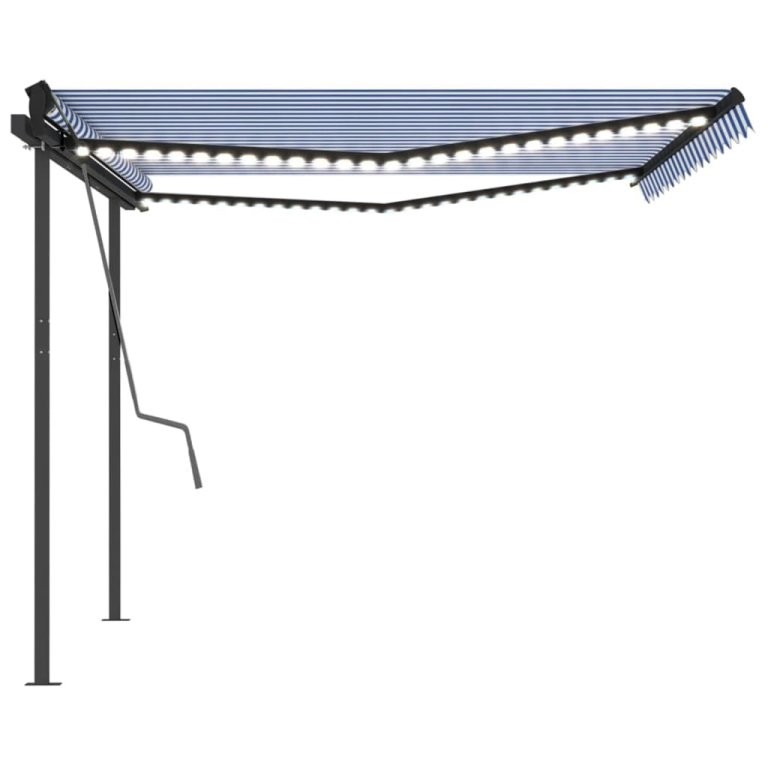 Copertină retractabilă manual, cu LED, albastru & alb 4,5x3 m