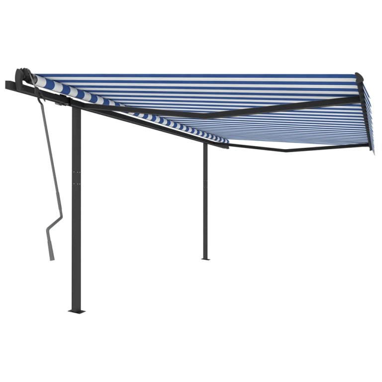 Copertină retractabilă manual, cu stâlpi, albastru/alb 4,5x3 m