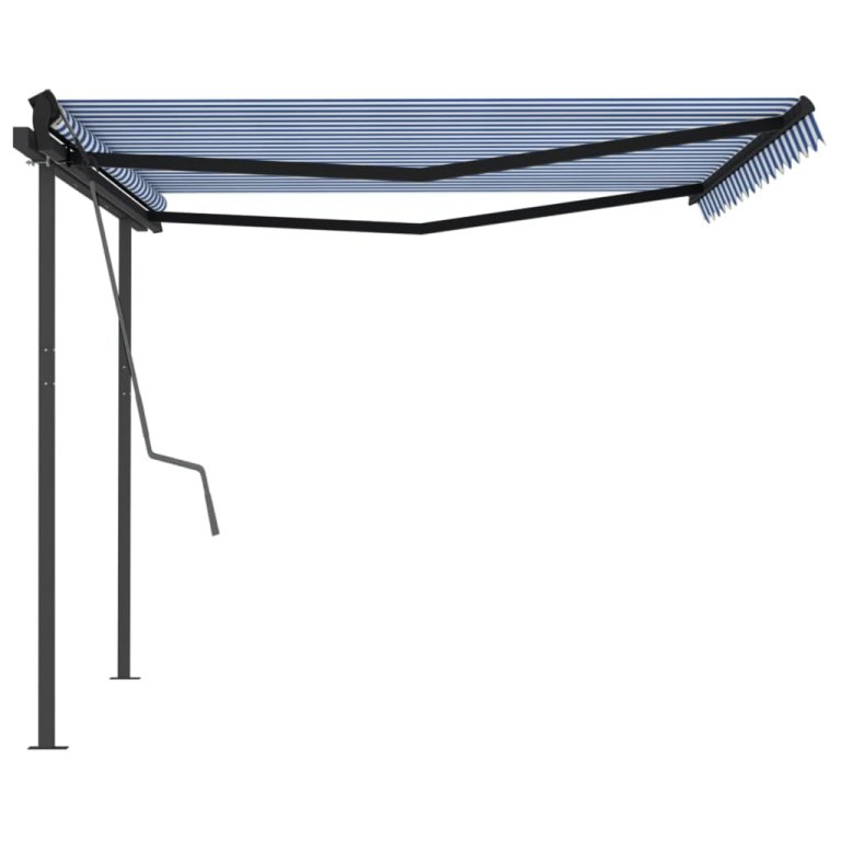 Copertină retractabilă manual, cu stâlpi, albastru/alb 4,5x3 m