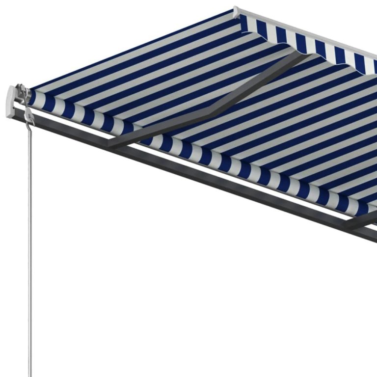 Copertină retractabilă manual, cu stâlpi, albastru/alb 4,5x3 m