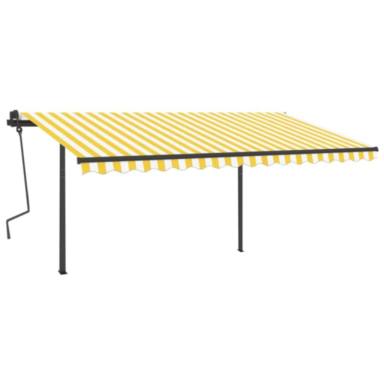 Copertină retractabilă automat, cu stâlpi, galben/alb, 4,5x3 m