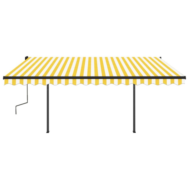 Copertină retractabilă automat, cu stâlpi, galben/alb, 4,5x3 m