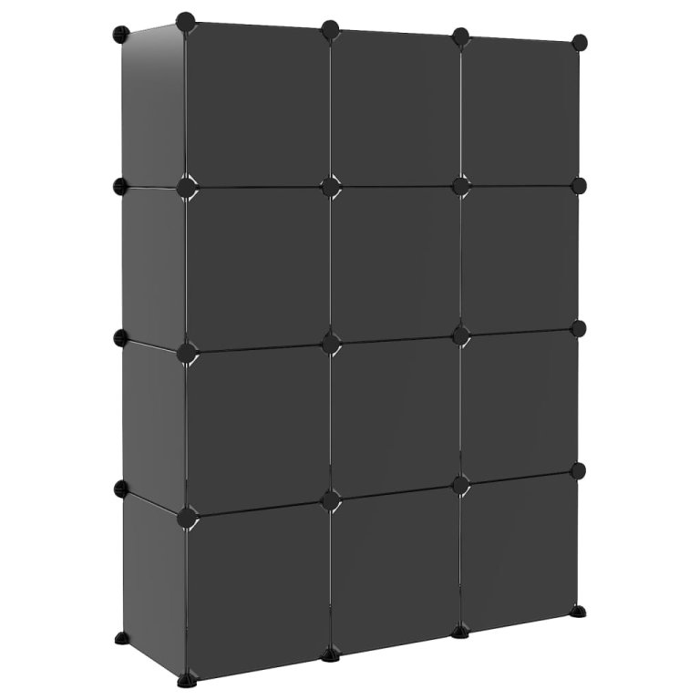 Organizator cub de depozitare cu uși, 12 cuburi, negru, PP