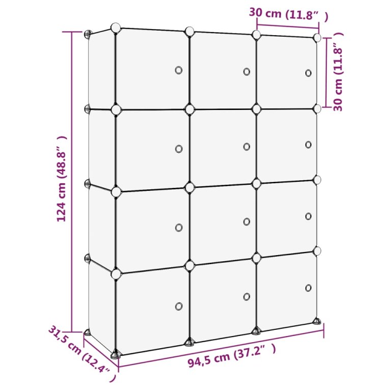 Organizator cub de depozitare cu uși, 12 cuburi, negru, PP