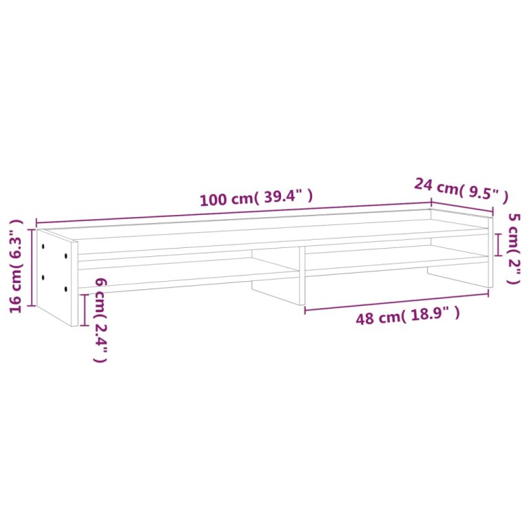 Suport pentru monitor, alb, 100x24x16 cm, lemn masiv pin