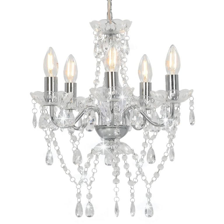 Candelabru cu mărgele de cristal, argintiu, rotund, 5 x E14