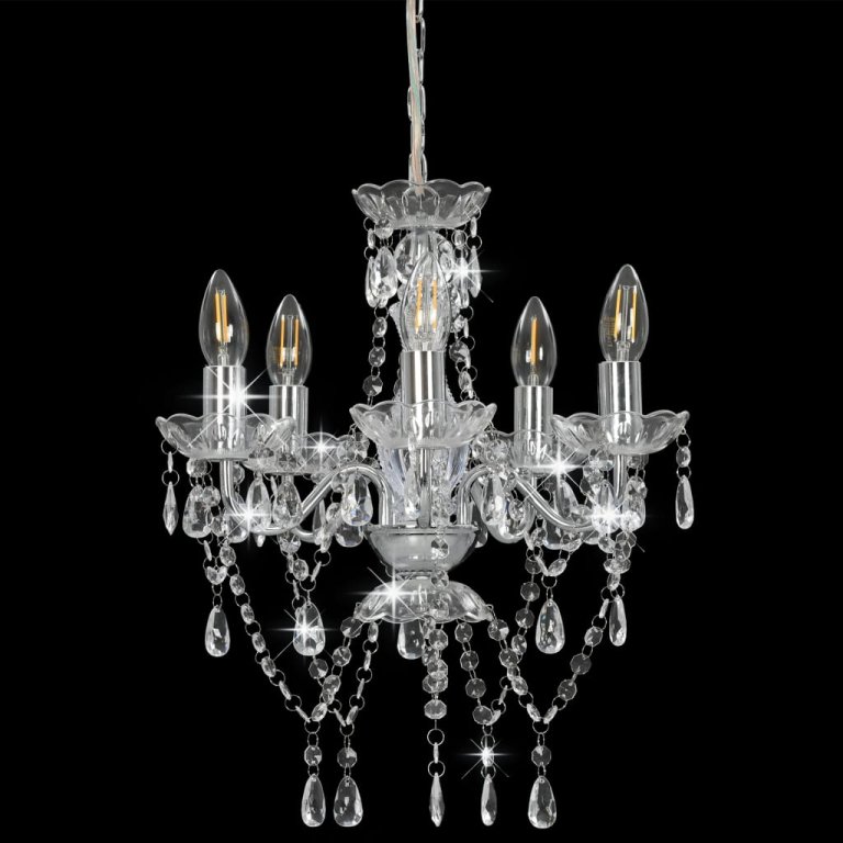 Candelabru cu mărgele de cristal, argintiu, rotund, 5 x E14