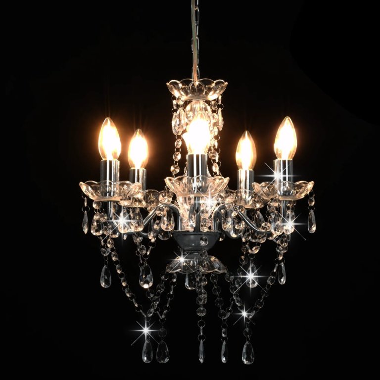 Candelabru cu mărgele de cristal, argintiu, rotund, 5 x E14