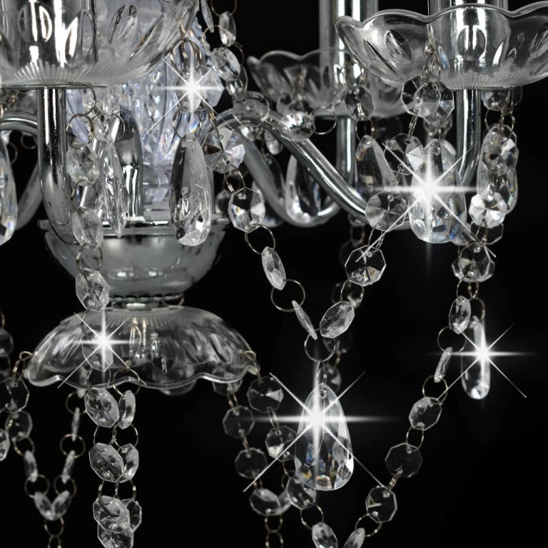 Candelabru cu mărgele de cristal, argintiu, rotund, 5 x E14