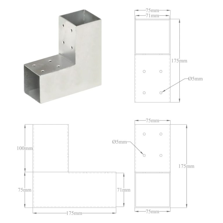 Conectori de grindă, formă L, 4 buc, 71x71 mm, metal galvanizat