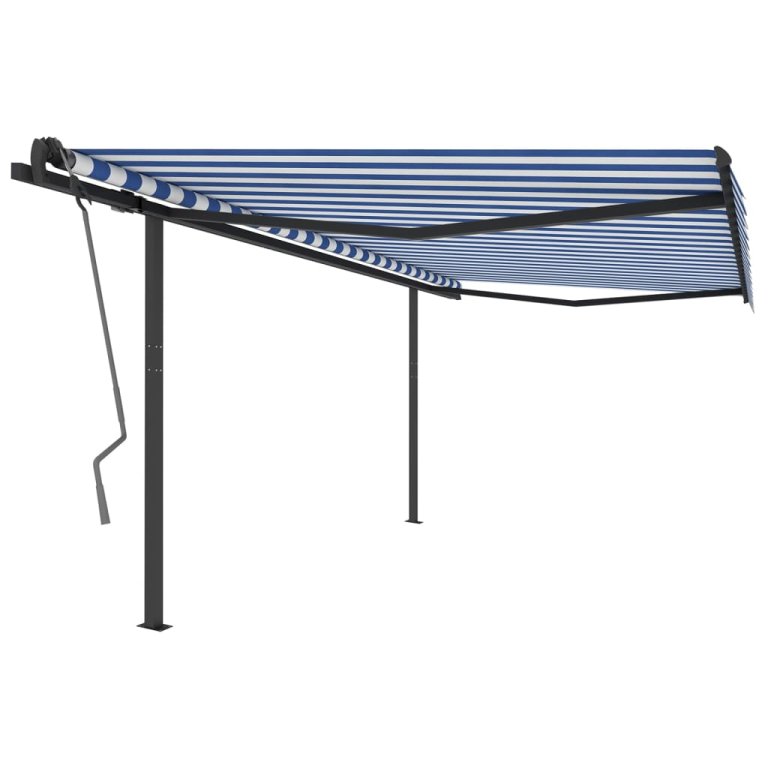 Copertină retractabilă manual, cu stâlpi, albastru/alb, 4x3 m