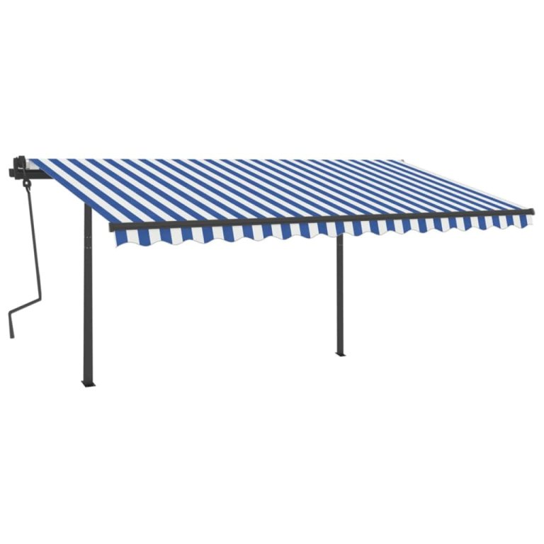 Copertină retractabilă manual, cu stâlpi, albastru/alb, 4x3 m