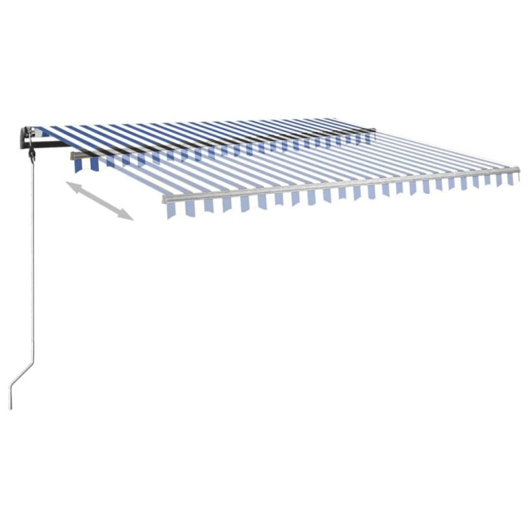 Copertină retractabilă manual, cu stâlpi, albastru/alb, 4x3 m