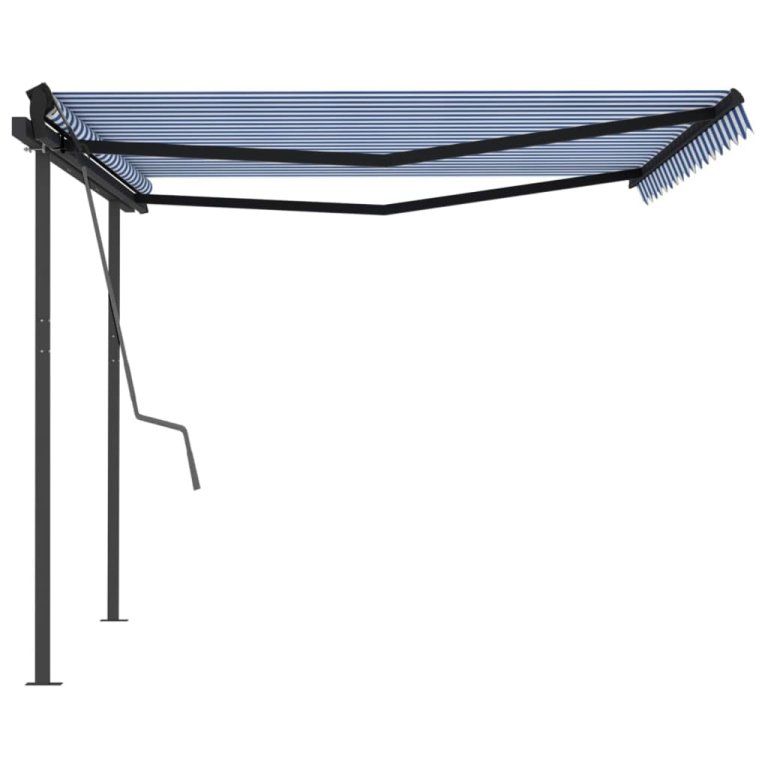 Copertină retractabilă manual, cu stâlpi, albastru/alb, 4x3 m