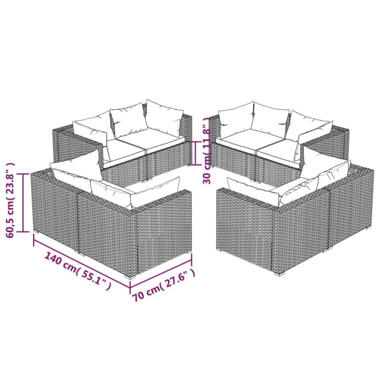 Set mobilier de grădină cu perne, 8 piese, gri, poliratan