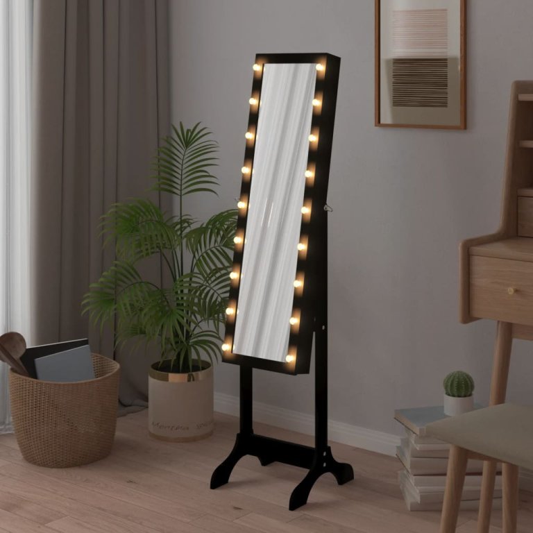 Oglindă de sine stătătoare cu LED, negru, 34x37x146 cm