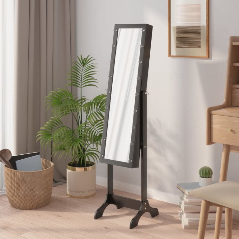 Oglindă de sine stătătoare cu LED, negru, 34x37x146 cm