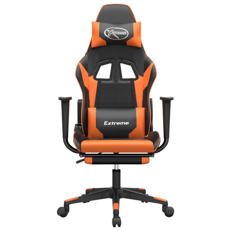 Scaun de gaming cu suport picioare, negru/oranj, piele eco