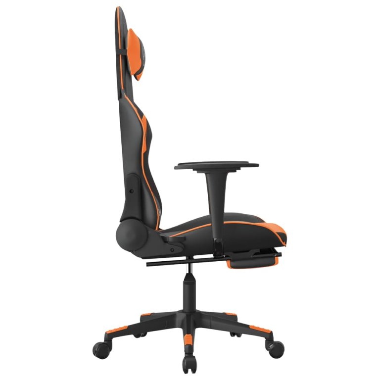 Scaun de gaming cu suport picioare, negru/oranj, piele eco