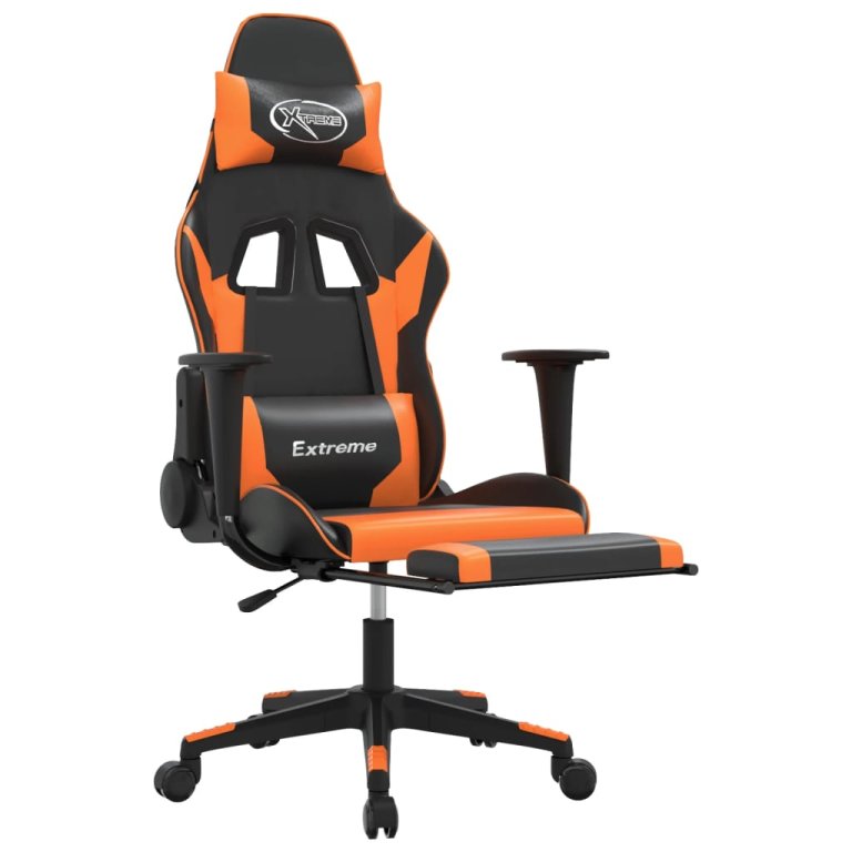 Scaun de gaming cu suport picioare, negru/oranj, piele eco