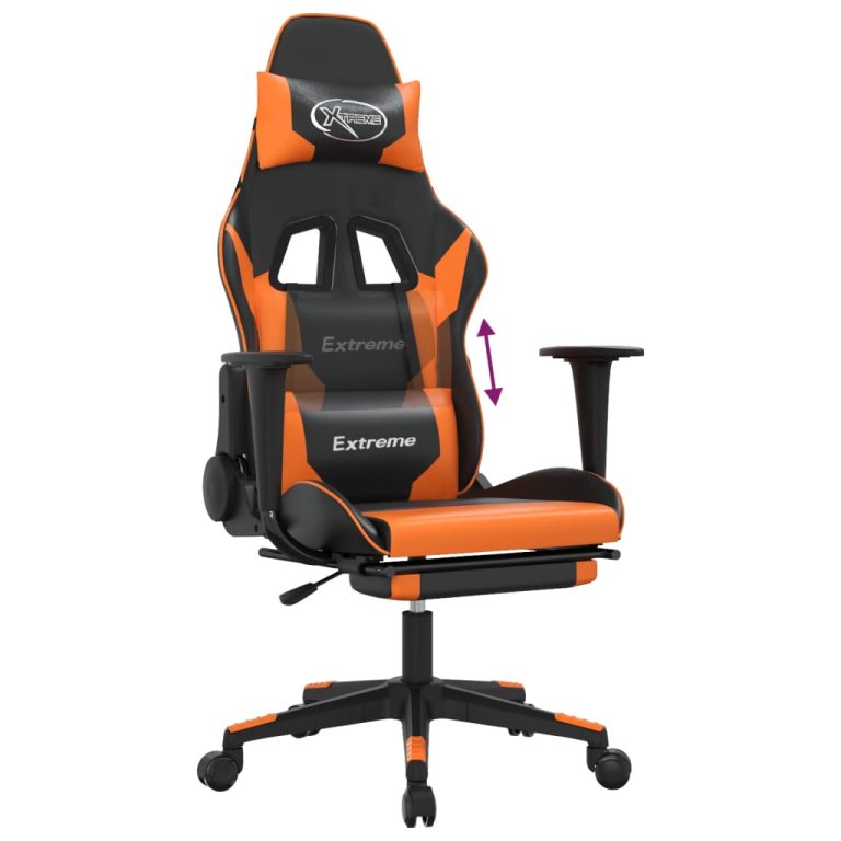 Scaun de gaming cu suport picioare, negru/oranj, piele eco