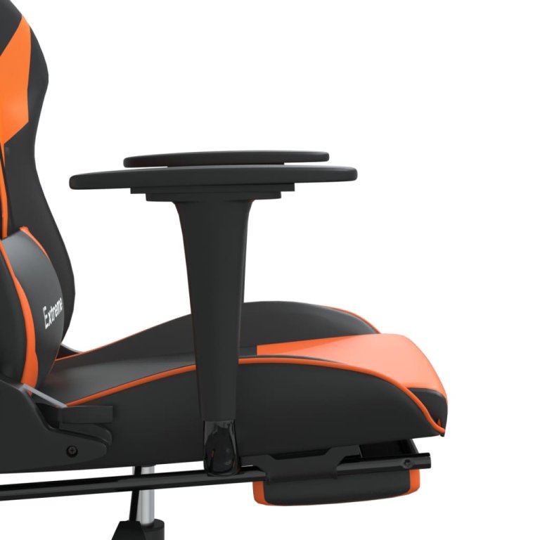 Scaun de gaming cu suport picioare, negru/oranj, piele eco