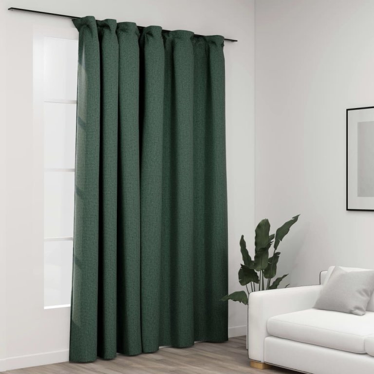 Draperie opacă, aspect de in, verde, 290 x 245 cm, cu cârlige