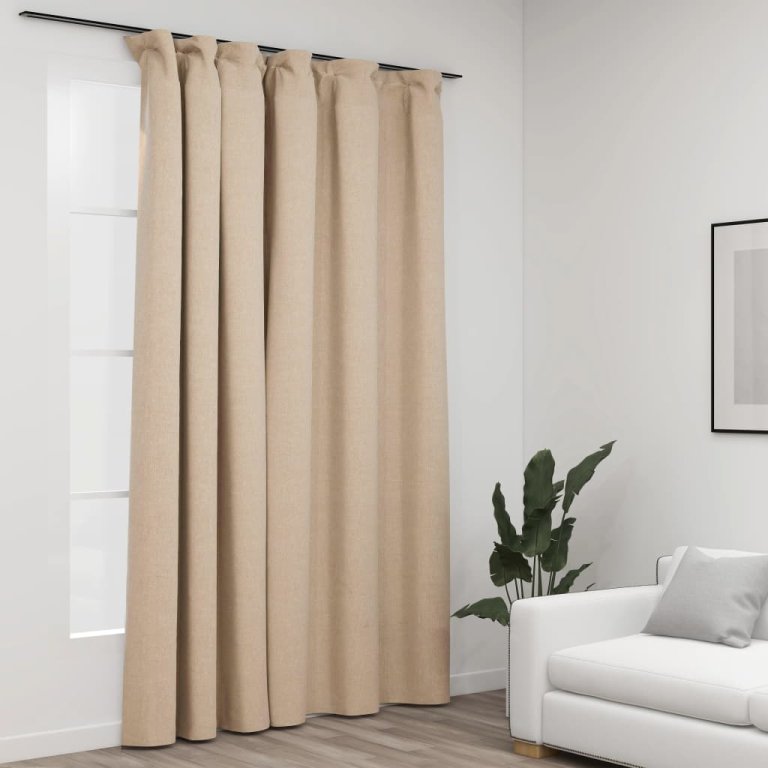 Draperie opacă, aspect de in, bej, 290 x 245 cm, cu cârlige