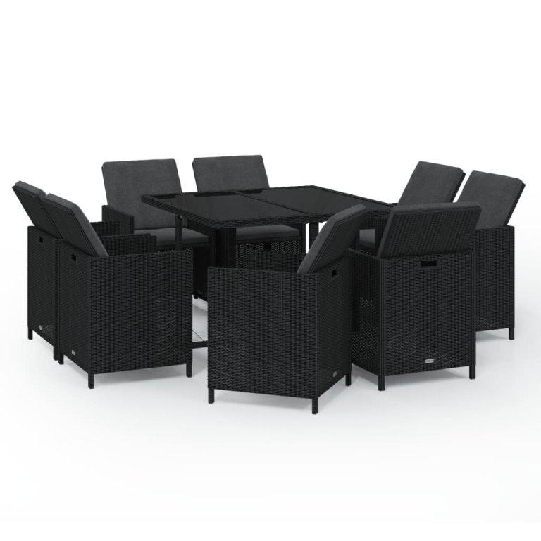 Set mobilier de grădină cu perne, 9 piese, negru, poliratan