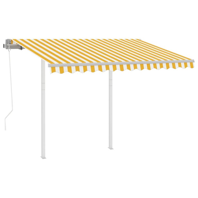 Copertină retractabilă automat, cu stâlpi, galben&alb 3,5x2,5 m