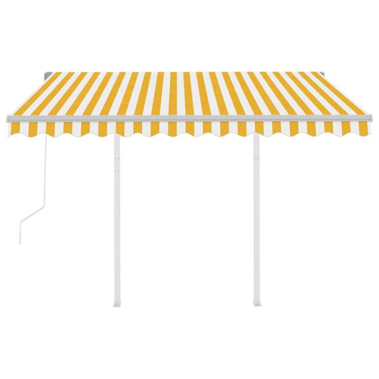 Copertină retractabilă automat, cu stâlpi, galben&alb 3,5x2,5 m