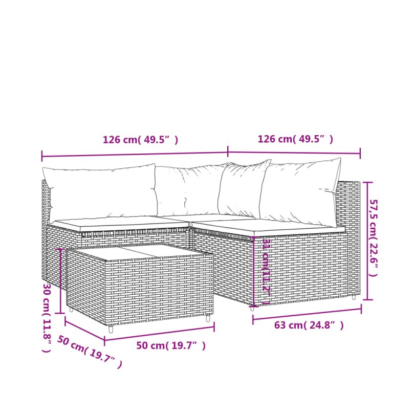 Set mobilier de grădină cu perne, 4 piese, gri, poliratan