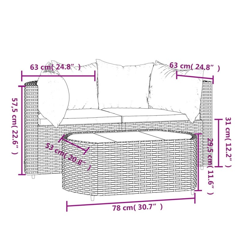 Set mobilier de grădină cu perne, 3 piese, negru, poliratan