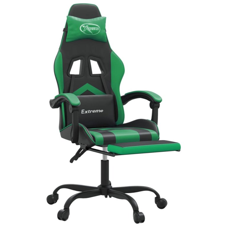 Scaun de gaming pivotant/suport picioare negru/verde piele eco