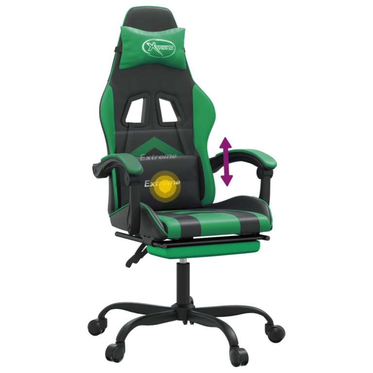 Scaun de gaming pivotant/suport picioare negru/verde piele eco