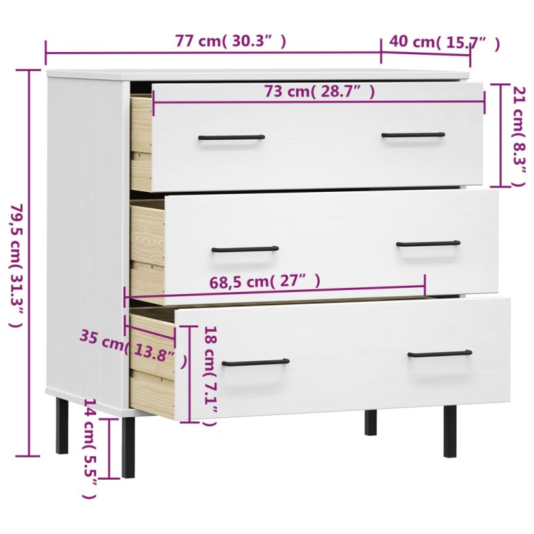 Servantă cu 3 sertare, alb, 77x40x79,5 cm, lemn masiv OSLO