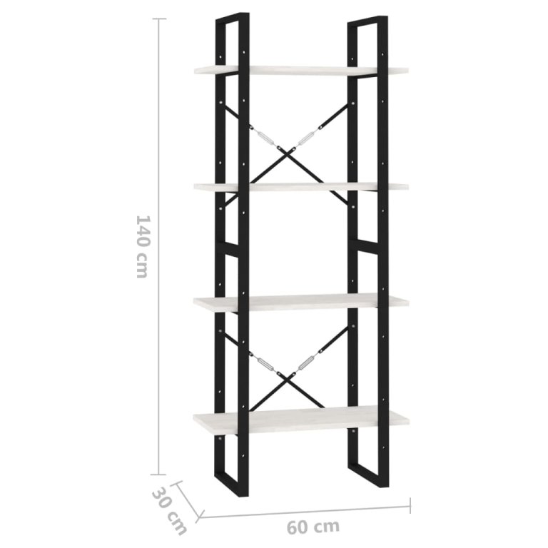 Bibliotecă cu 4 rafturi, alb, 60x30x140 cm, lemn masiv de pin