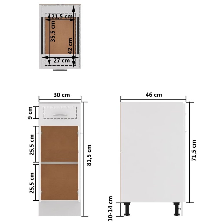 Dulap inferior cu sertar, alb, 30x46x81,5 cm, lemn prelucrat