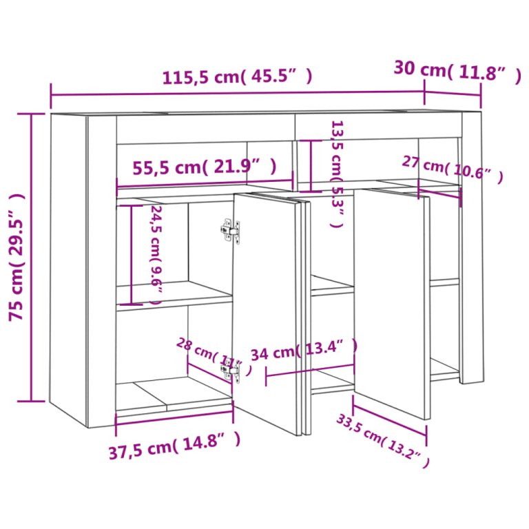 Servantă cu lumini LED, alb, 115,5x30x75 cm