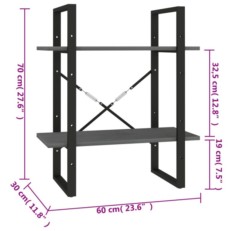 Bibliotecă cu 2 rafturi, gri, 60x30x70 cm, lemn masiv de pin