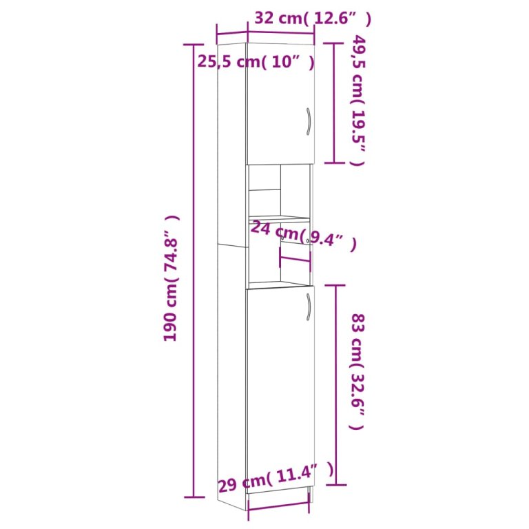 Dulap de baie, stejar maro, 32x25,5x190 cm, lemn prelucrat