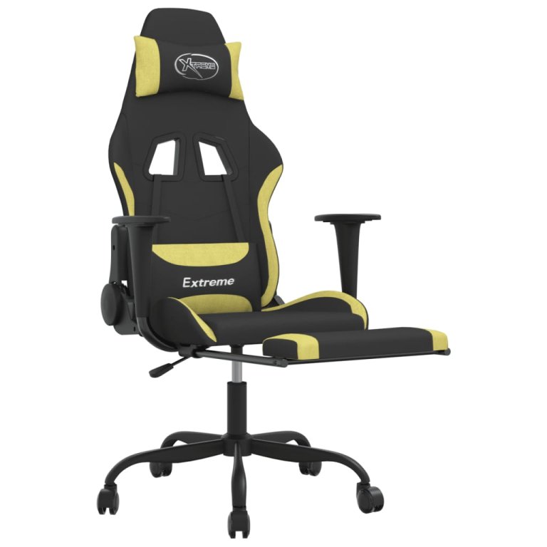 Scaun gaming masaj/suport picioare, negru/verde deschis textil