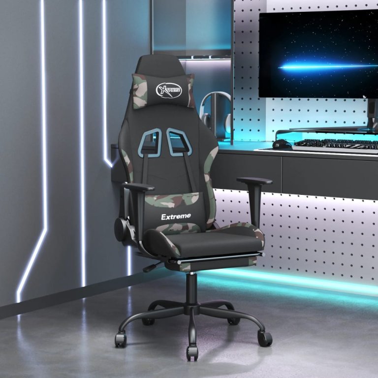 Scaun de gaming cu suport picioare, negru și camuflaj, textil