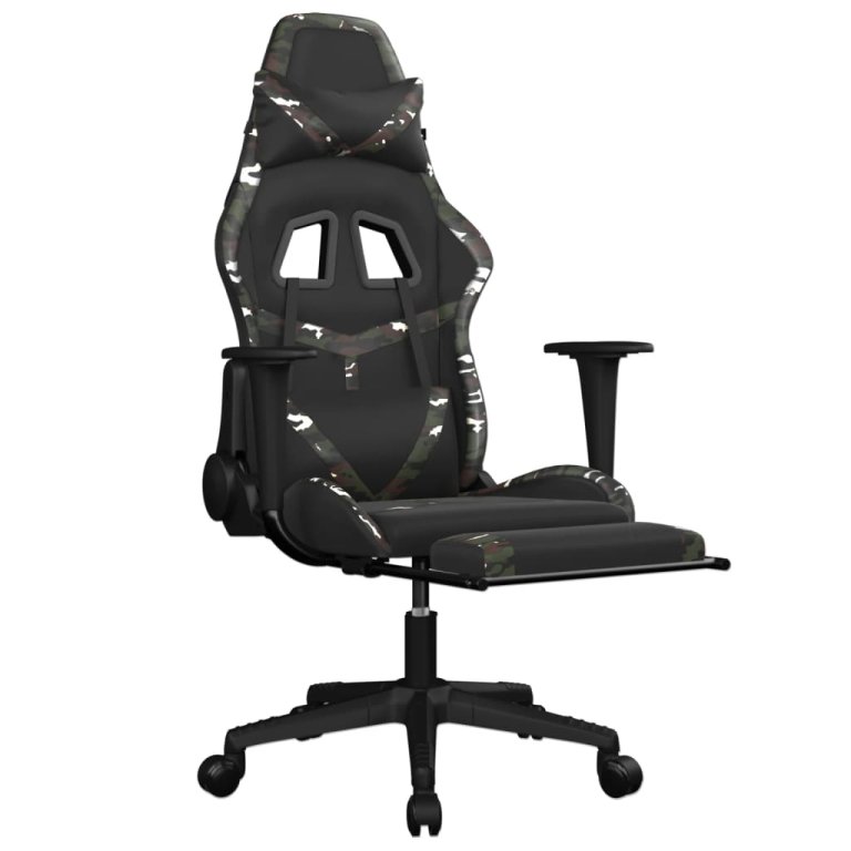 Scaun de gaming masaj/suport picioare negru/Camuflaj piele eco