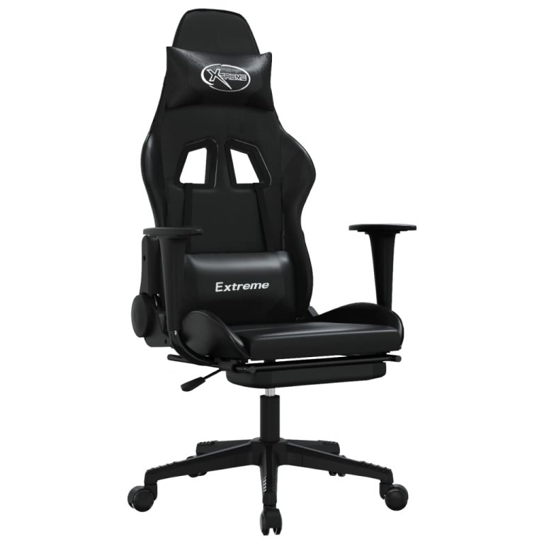 Scaun de gaming cu masaj/suport picioare, negru, piele eco