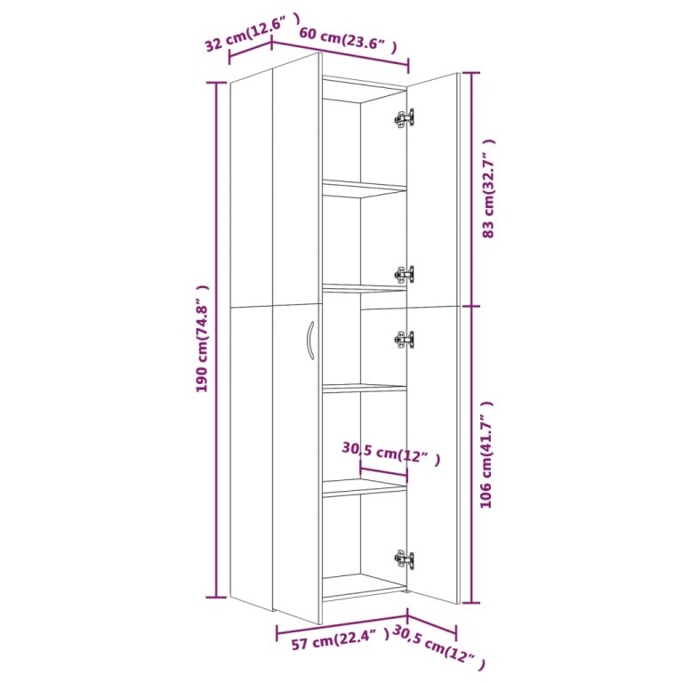 Dulap de birou, gri sonoma, 60x32x190 cm, lemn prelucrat